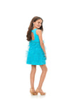 Back. Aqua ASHLEYlauren Kids 8176 fabulous feather cocktail dress featuring a crew neckline, open back, crystal-encrusted waistband, and a full feather skirt accented with scattered crystals for a glamorous and standout look.