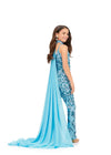 Back. Aqua ASHLEYlauren Kids 8190 Fully Beaded Jumpsuit with Matching Choker and Attached Cape