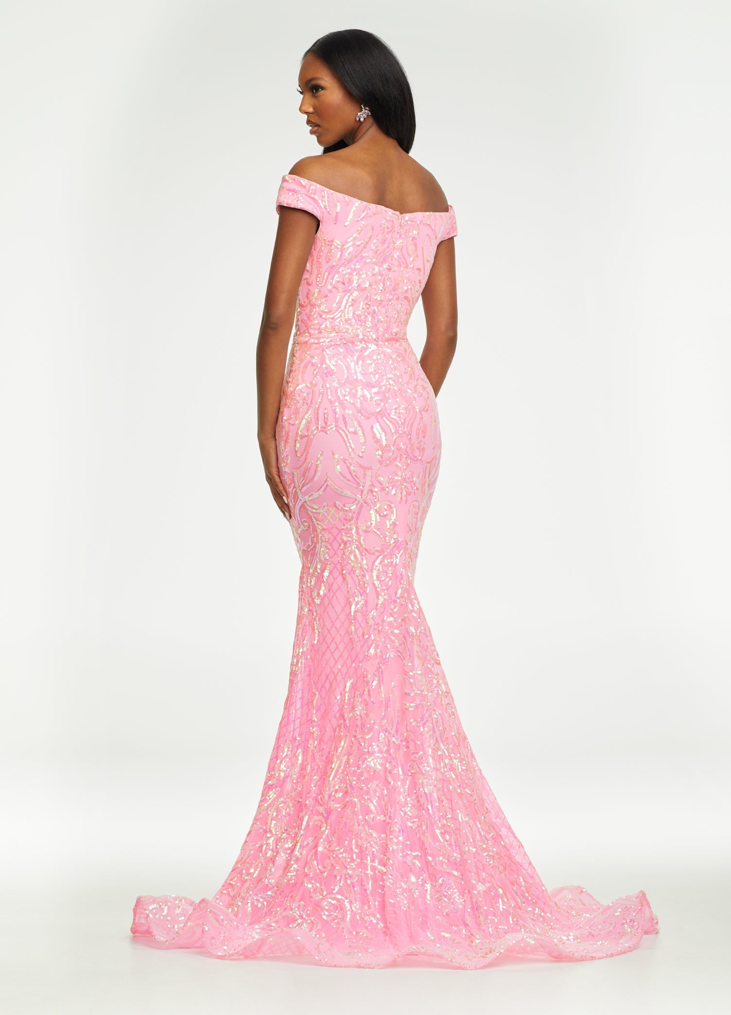 Back. Baby Pink ASHLEYlauren 11112 Off-Shoulder Stretch Sequin Gown with Sweetheart Neckline, High Back, and Horsehair Hem