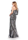 Back. Back. Silver/Black ASHLEYlauren 11671 One Shoulder Fully Beaded Gown with Intricate Mirror Accents, Left Leg Slit, and Structured Horsehair Hem