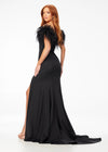 Back. Black ASHLEYlauren 11101 Off-Shoulder Scuba Gown with Sweetheart Neckline, Feather Accents, and Left Leg Slit