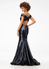 Back. Black ASHLEYlauren 11107 Off-Shoulder Sequin Gown with Criss-Cross Open Back, Fit & Flare Silhouette, and Horsehair Hem