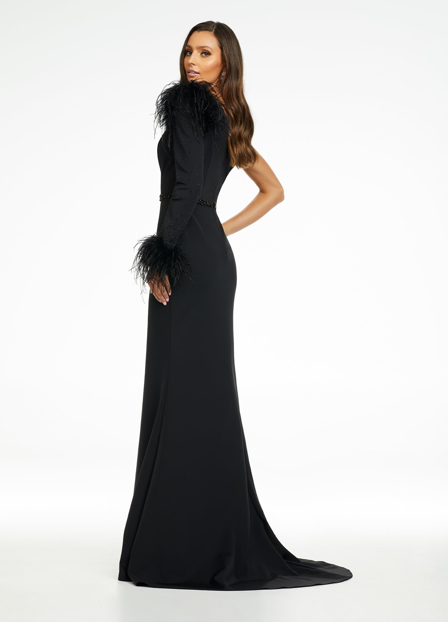 Back. Black ASHLEYlauren 11131 One-Shoulder Scuba Gown with Feather Details, Heat-Set Stones, Crystal Belt, and Elegant Train
