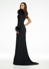 Back. Black ASHLEYlauren 11131 One-Shoulder Scuba Gown with Feather Details, Heat-Set Stones, Crystal Belt, and Elegant Train