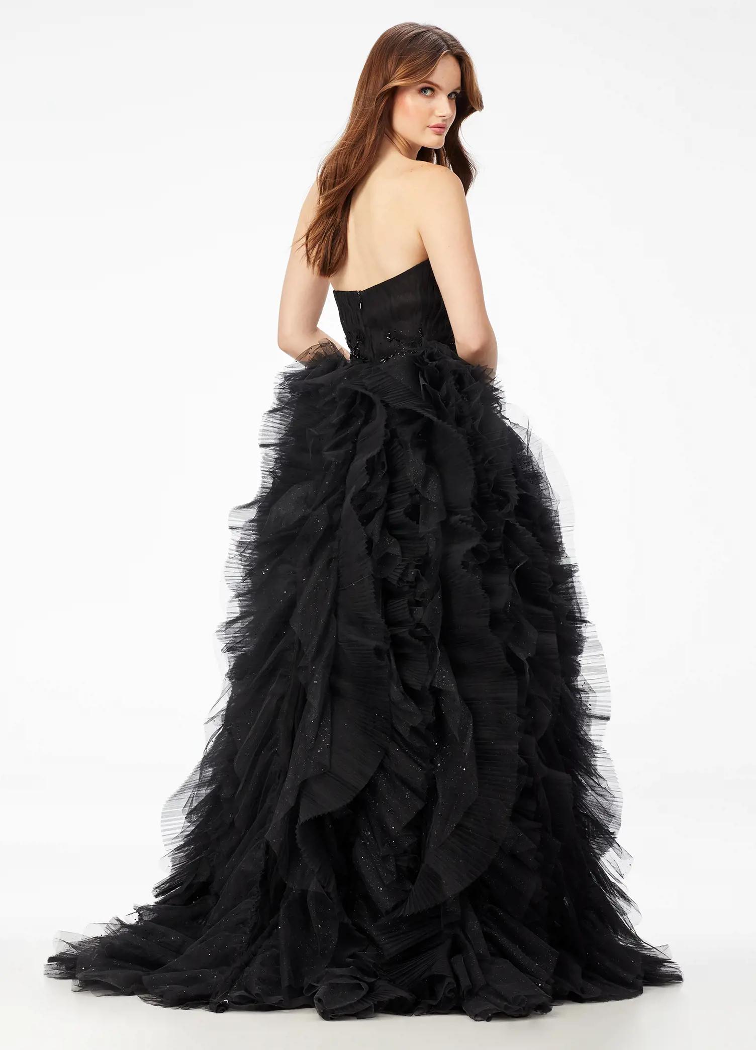 Back. Black ASHLEYlauren 11141 Strapless Ball Gown with Sweetheart Neckline, Intricately Beaded Bustier, and Glitter Tulle Ruffle Skirt