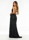 Back. Black ASHLEYlauren 11145 Lace Gown with Spaghetti Straps, Lace Applique, Heat Press Stones, Lace-Up Back, and Left Leg Slit