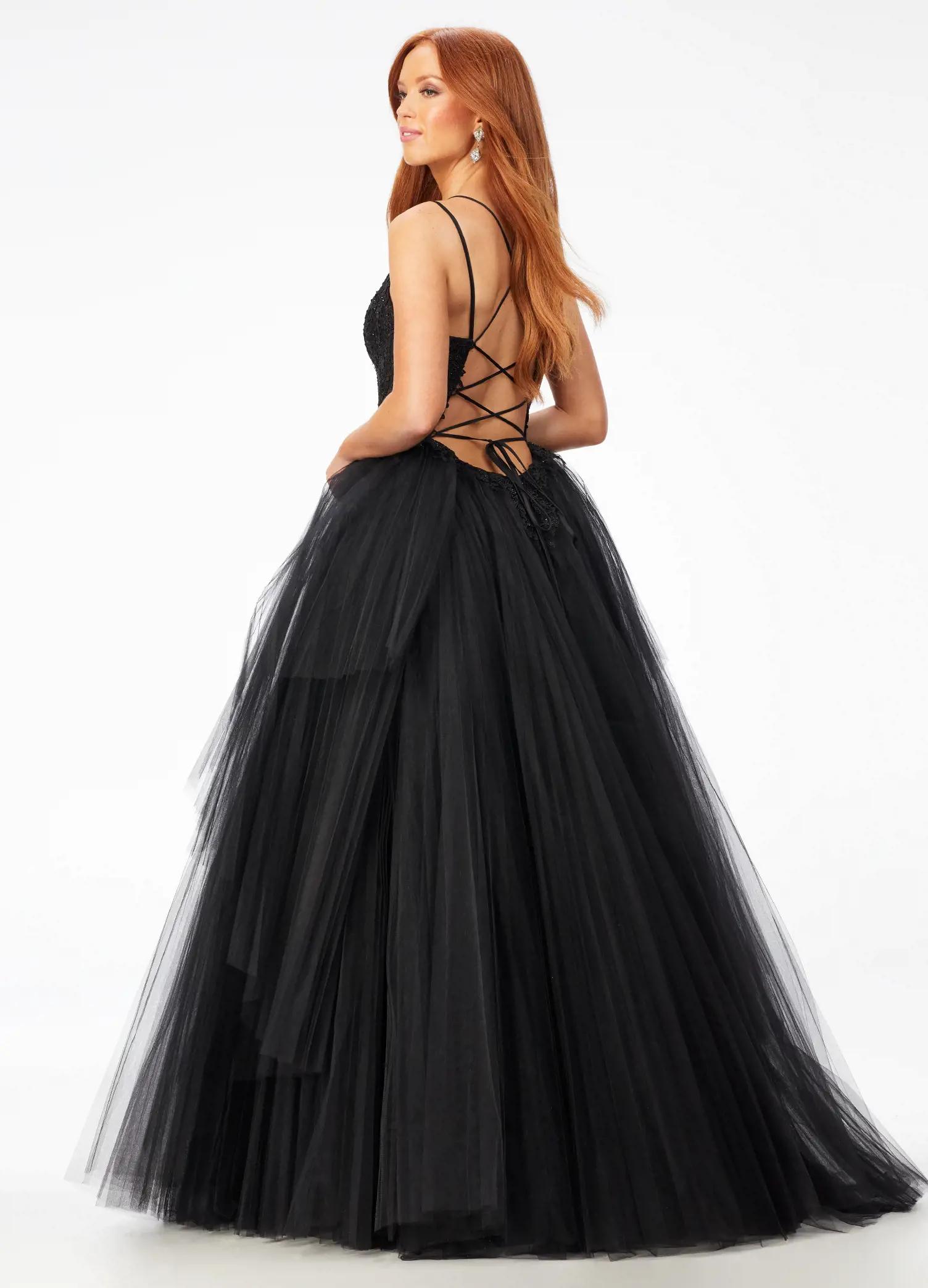 Back. Black ASHLEYlauren 11146 Pleated Tulle Ball Gown with Spaghetti Straps, Embroidered Lace Bustier, Heat Set Stones, and Lace-Up Back