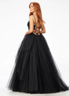 Back. Black ASHLEYlauren 11146 Pleated Tulle Ball Gown with Spaghetti Straps, Embroidered Lace Bustier, Heat Set Stones, and Lace-Up Back