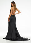 Back. Black ASHLEYlauren 11162 Elegant Gown with Spaghetti Straps, Draped Bodice, Ruching, Left Leg Slit, and Lace-Up Back