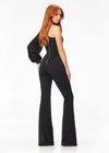 Back. Black ASHLEYlauren 11168 One-Shoulder Crepe Jumpsuit with Statement Balloon Sleeve, Flared Pant Legs, and Exposed Zipper