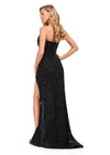 Back. Black ASHLEYlauren 11236 jaw-dropping strapless gown featuring a fitted silhouette, corset bustier with stunning crystal beadwork, a fully beaded wrap skirt, and a left leg slit for a glamorous red carpet-worthy look.