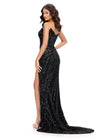 Back. Black ASHLEYlauren 11236 strapless gown featuring a sweetheart neckline, modern floral sequin motif cascading down the bustier and skirt, and a left leg slit for a glamorous and head-turning look.