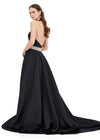 Back. Black ASHLEYlauren 11249 elegant satin gown featuring a halter neckline, open back, and a crystal beaded accent belt for a timeless and sophisticated statement look.