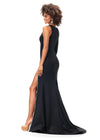 Back. Black ASHLEYlauren 11272 one sleeve jersey gown featuring an illusion cut-out bustier, left leg slit, and press-on stone trim for a glamorous and modern look.