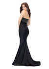 Back. Black ASHLEYlauren 11295 strapless jersey gown featuring a wrap bustier adorned with press-on stones, a knot detail at the waist, and a sweep train for a sleek and elegant silhouette.