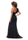 Back. Black ASHLEYlauren 1129 one shoulder scuba gown featuring feather-embellished neckline, heat set stones cascading down the skirt, and a left leg slit for a bold and elegant look.