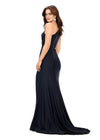 Back. Black ASHLEYlauren 11303 One Shoulder Jersey Gown with Ruched Bodice, Asymmetrical Cut Outs, Fitted Wrap Skirt, and Exposed Metal Zipper Back