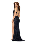 Back. Black ASHLEYlauren 11342 sequin gown featuring double spaghetti straps, a sweetheart neckline, lace-up back with beaded fringe tassels, and a left leg slit for a glamorous and elegant look.