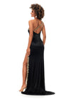 Back. Black ASHLEYlauren 11352 liquid beaded gown featuring a one shoulder neckline with crystal trim, a left leg slit, and a sweep train for an elegant and sophisticated look.