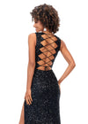Back. Black ASHLEYlauren 11373 stunning fitted gown featuring a deep V-neckline, lace-up open back, fully hand-beaded design, and a left leg slit, available in vibrant colors for a bold and head-turning look.