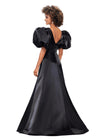 ASHLEYlauren 11379 | Black Elegant Shimmer Satin A-Line Gown with V-Neckline, V-Back, Oversized Puff Sleeves, and Heat Set Detailed Waistband