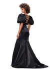 Back. Black ASHLEYlauren 11379 Shimmer Satin Fitted Gown with V-Neckline, Lace-Up Back, Oversized Puff Sleeves, and Scattered Heat Set Stone Waistband