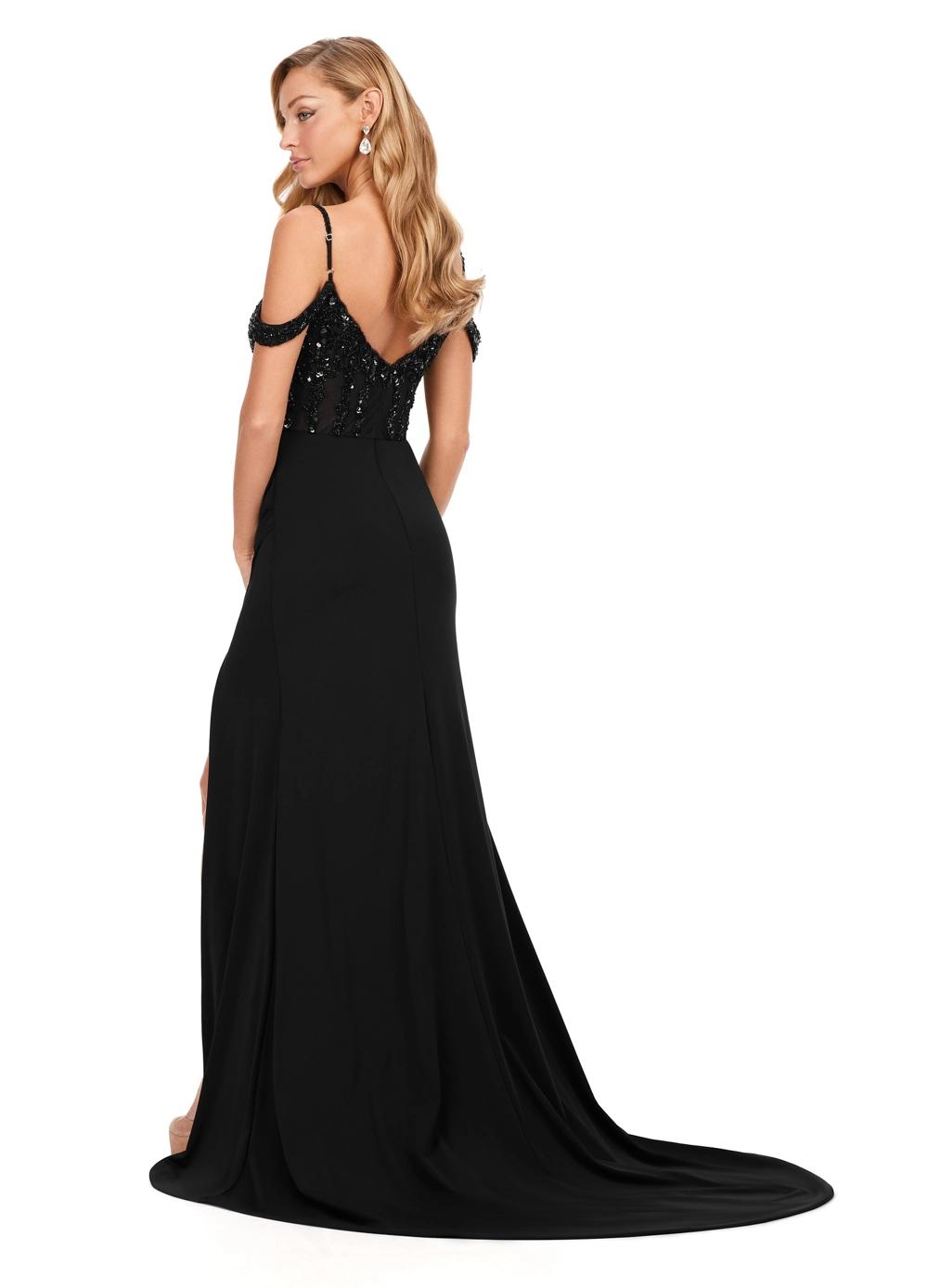 Back. Black ASHLEYlauren 11391 standout evening gown featuring a sweetheart neckline, off shoulder straps, beaded corset details, and a sleek jersey skirt for an elegant and sophisticated look.