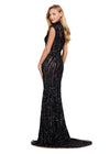Back. Black ASHLEYlauren 11395 fully beaded sequin gown featuring an intricate beaded motif, high neckline, cap sleeves, and a modest front slit for an elegant and regal look.