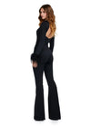 Back. Black ASHLEYlauren 11441 statement scuba jumpsuit featuring a high neckline, dramatic feather cuffs, and an open back for a bold and sophisticated look.