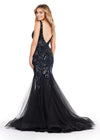Back. Black ASHLEYlauren 11472 stretch sequin gown with deep V-neckline, V-back, and pleated tulle overlay skirt