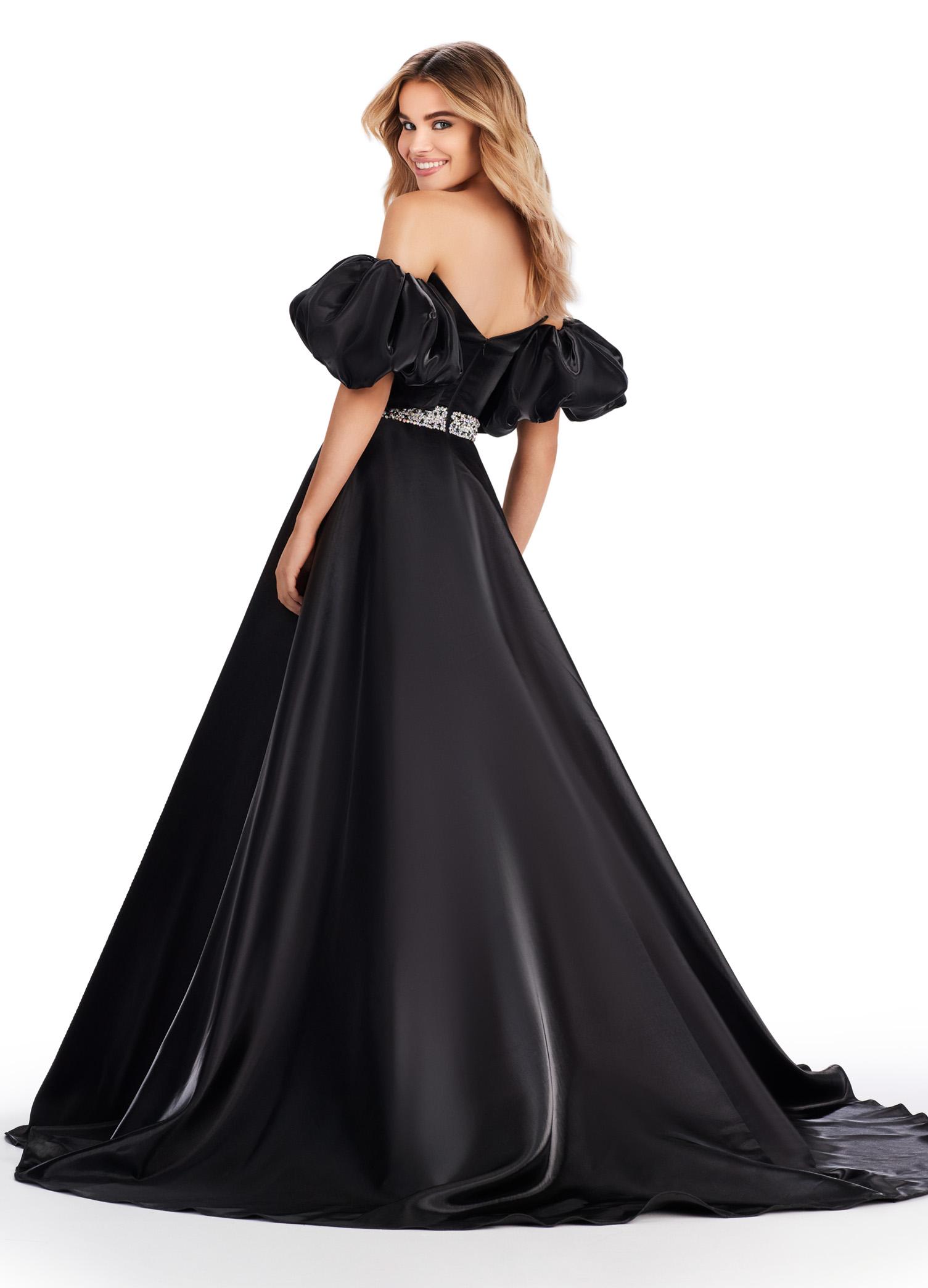 Back. Black ASHLEYlauren 11474 strapless satin ball gown with sweetheart neckline, beaded belt, left leg slit, and detachable puff sleeves