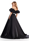 Back. Black ASHLEYlauren 11474 strapless satin ball gown with sweetheart neckline, beaded belt, left leg slit, and detachable puff sleeves