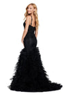 Back. Black ASHLEYlauren 11475 mermaid gown with exposed corset bodice, lace detailing, and dramatic ruffled tulle trumpet skirt