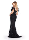 Back. Black ASHLEYlauren 11481 Fitted Scuba Gown with Structured Corset Bustier, Feathered Off Shoulder Sleeves, Elegant Front Bow, and Lace Appliqué Detailing