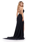 Back. Black ASHLEYlauren 11539 One Shoulder Jersey Gown with Crystal Accents, Lace Up Back, Cut Outs, and Dramatic Side Skirt