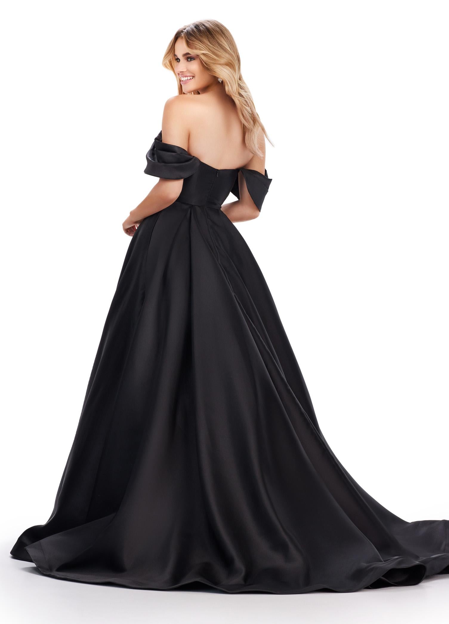 Back. Black ASHLEYlauren 11544 elegant Mikado ball gown featuring a pleated off shoulder detail and a full ball gown skirt for a timeless and sophisticated look.