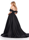 Back. Black ASHLEYlauren 11544 elegant Mikado ball gown featuring a pleated off shoulder detail and a full ball gown skirt for a timeless and sophisticated look.