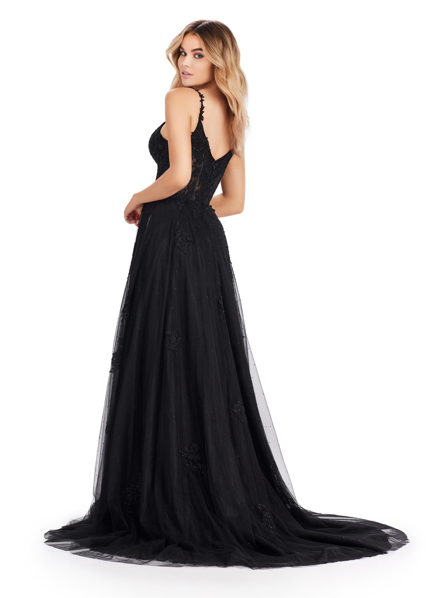 Back. Black ASHLEYlauren 11558 Elegant A-Line Gown with Spaghetti Straps, Lace Appliqué Bodice, V-Neckline, V-Back, Cascading Appliqué Skirt, Left Leg Slit, and Sweep Train