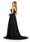 Back. Black ASHLEYlauren 11558 Elegant A-Line Gown with Spaghetti Straps, Lace Appliqué Bodice, V-Neckline, V-Back, Cascading Appliqué Skirt, Left Leg Slit, and Sweep Train