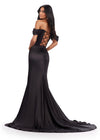 Back. Black ASHLEYlauren 11575 Strapless Satin Gown with Corset Bustier, Ruched Hip Detail, Draped Skirt, Slit, and Sweep Train