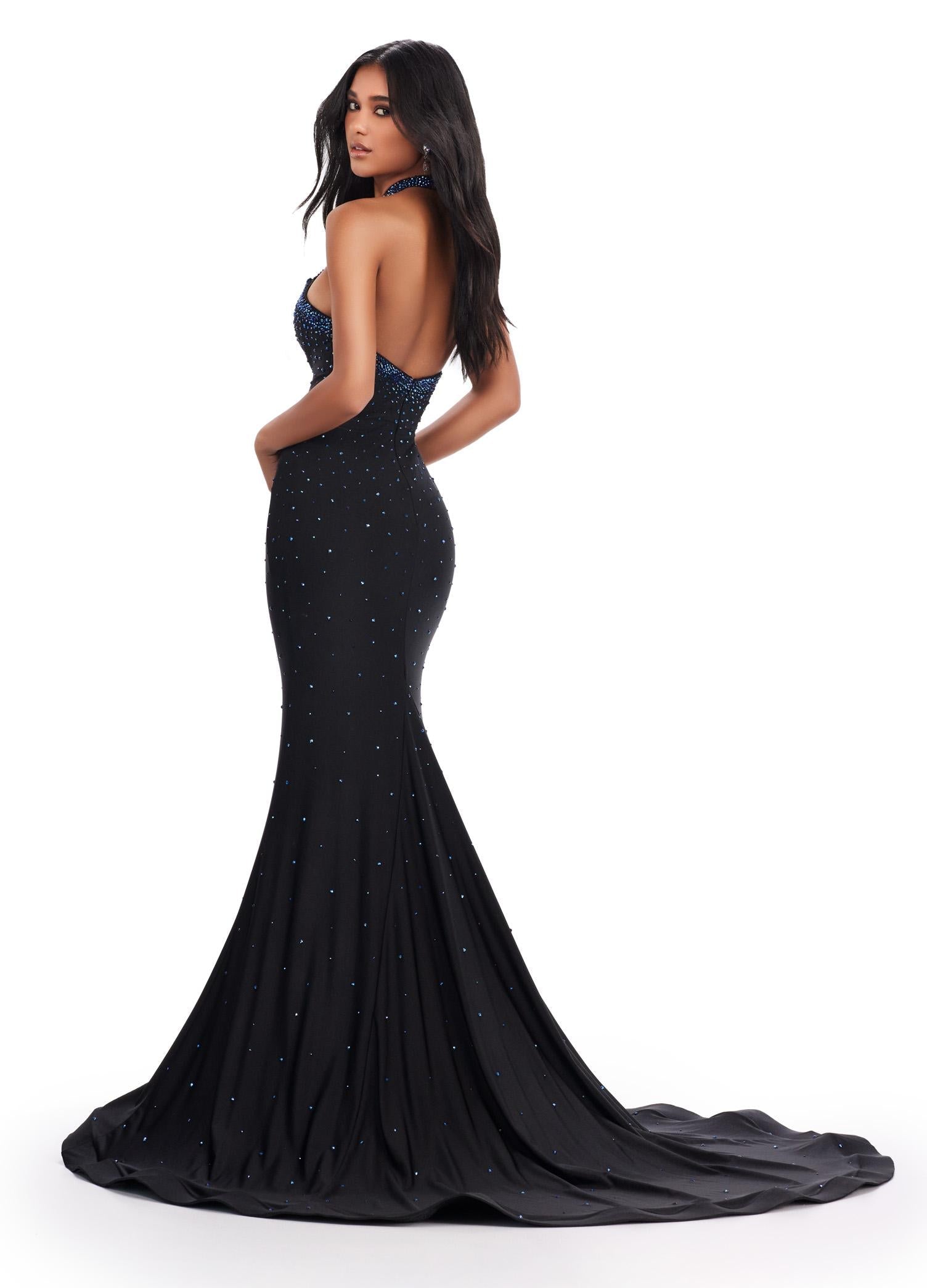 Back. Black ASHLEYlauren 11578 Edgy Fitted Jersey Gown with Halter Neckline, Bold Cut Outs, and Glamorous Press On Stone Details