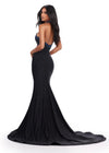 Back. Black ASHLEYlauren 11578 Edgy Fitted Jersey Gown with Halter Neckline, Bold Cut Outs, and Glamorous Press On Stone Details