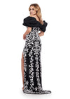 Back. Black ASHLEYlauren 11581 Fully Beaded Off Shoulder Gown with Taffeta Ruffles, Left Leg Slit, and Dramatic Detail
