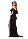 Back. Black ASHLEYlauren 11585 Fully Beaded Strapless Gown with Intricate Lace Pattern, Sweetheart Neckline, Off Shoulder Puff Sleeves, and Left Leg Slit
