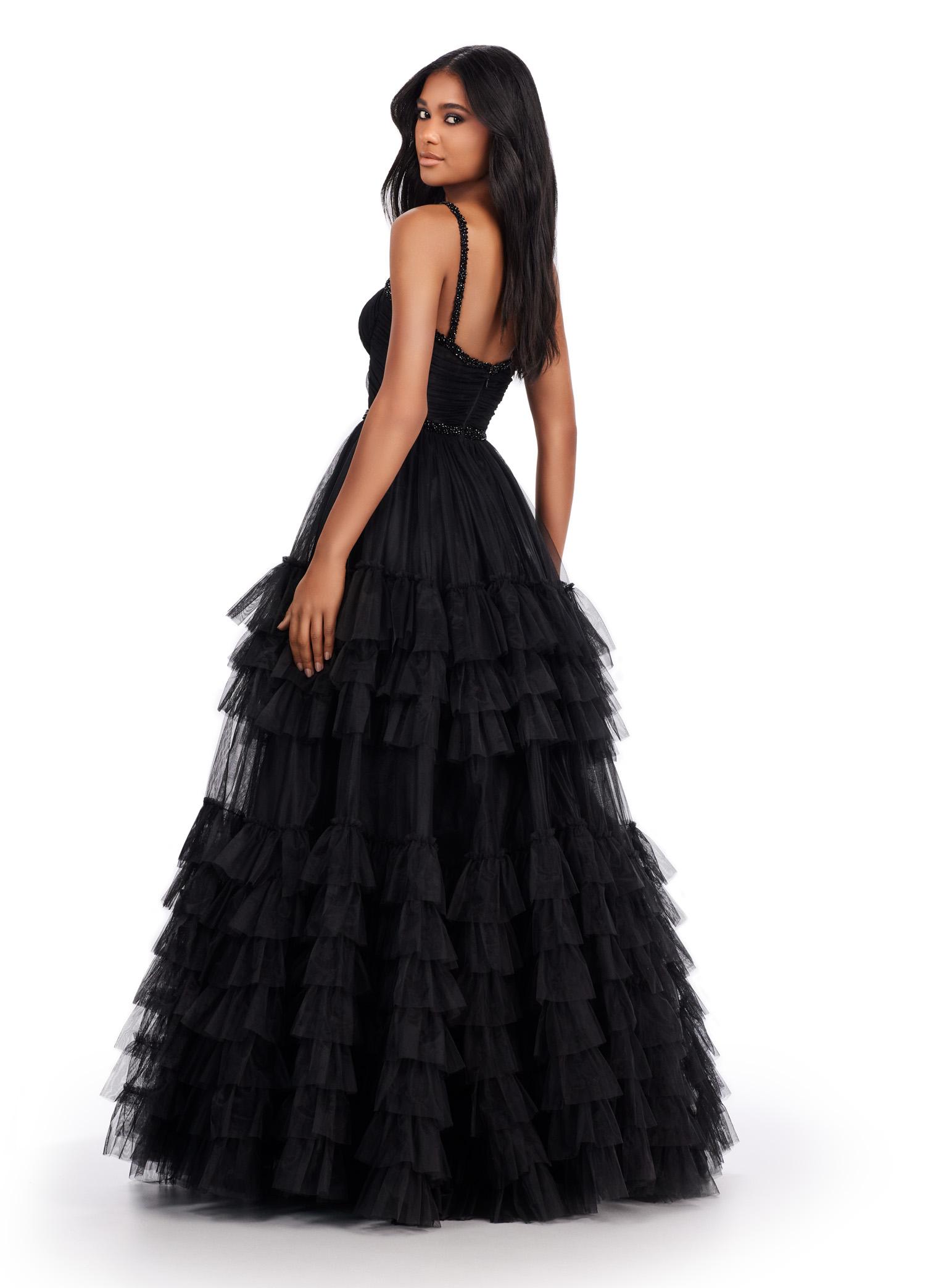 Back. Black ASHLEYlauren 11603 Spaghetti Strap Tulle Ball Gown with Tiered Skirt, Beaded Waist and Strap Accents, and Corset Bustier
