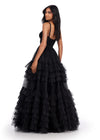 Back. Black ASHLEYlauren 11603 Spaghetti Strap Tulle Ball Gown with Tiered Skirt, Beaded Waist and Strap Accents, and Corset Bustier