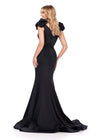 Back. Black ASHLEYlauren 11615 Scuba Gown with Beaded Trim Sweetheart Neckline, Puff Sleeves, V-Back, and Ruched Waist Detail