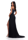 Back. Black ASHLEYlauren 11616 Spaghetti Strap Gown with Beaded Corset Bustier, Press On Stone Embellishments, and Left Leg Slit