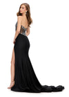 Back. Black ASHLEYlauren 11617 Elegant One Shoulder Jersey Gown with Glamorous Beaded Corset Bustier, Ruched Hip Detail, and Left Leg Slit