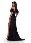 Back. Black ASHLEYlauren 11618 Glamorous Embroidered Jersey Gown with Corset Bustier, Feathered Off Shoulder Straps, Lace Up Back, and Left Leg Slit